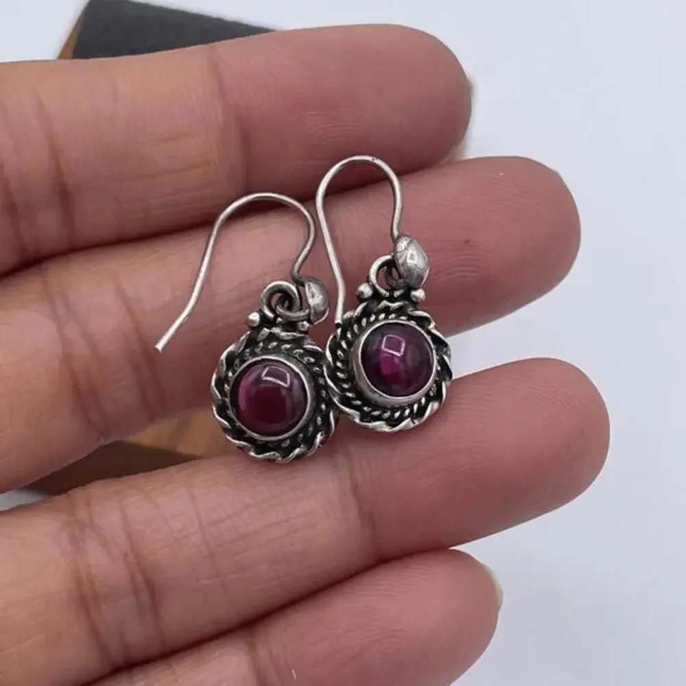 Vintage Sterling Silver Rhodolite Garnet Cabochon Drop Earrings 925 Artisan